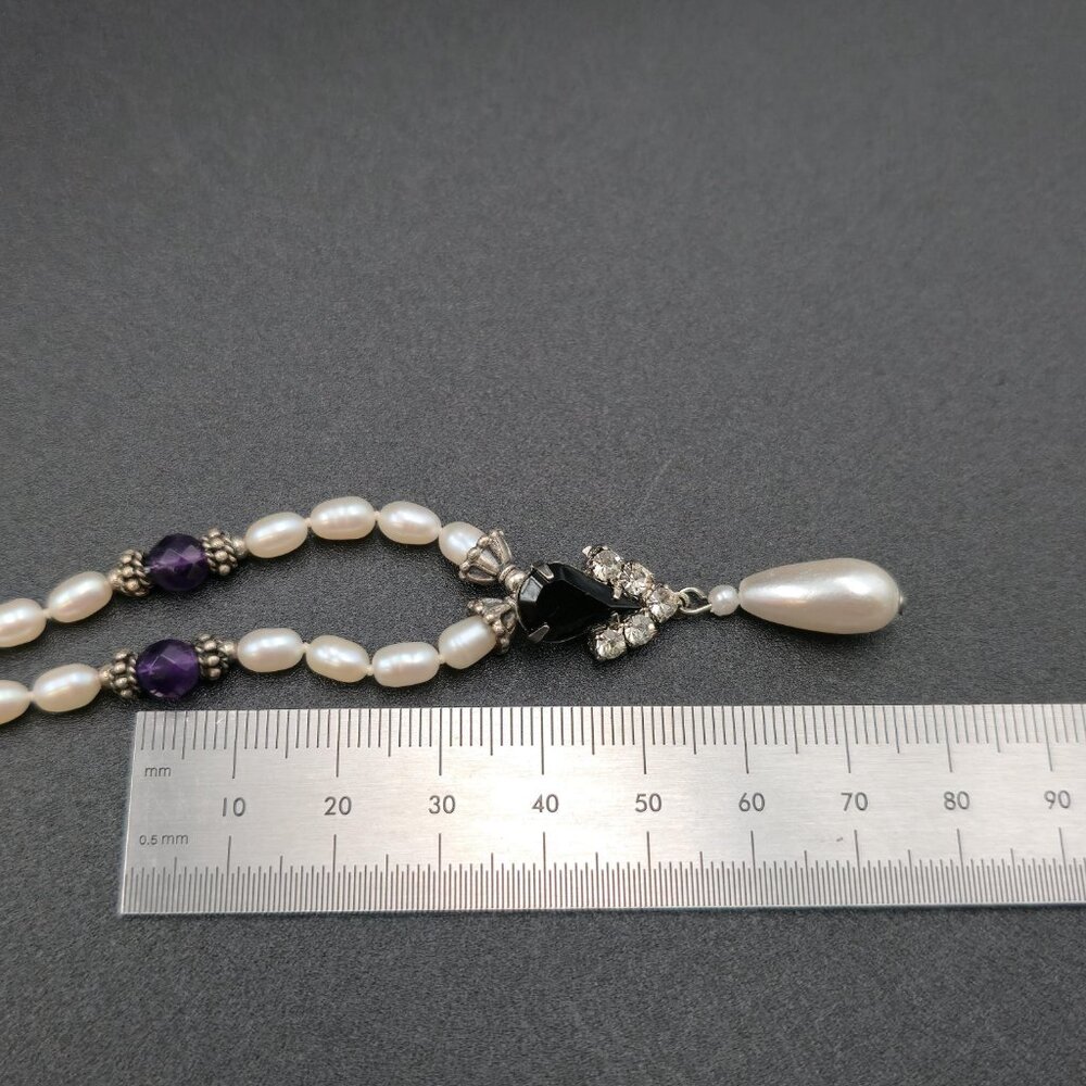 16.5 + 3 Inch Sterling Silver Pearls And Amethyst Stones Necklace B1006 - Picture 6 of 7